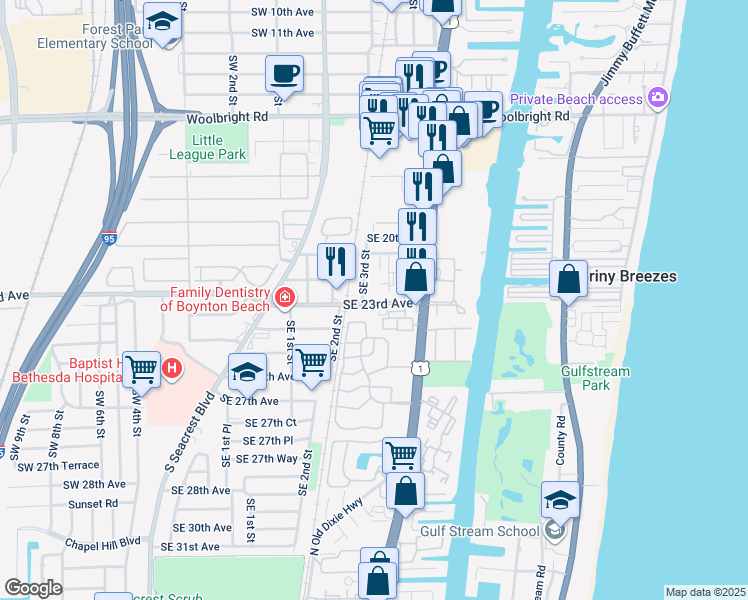 map of restaurants, bars, coffee shops, grocery stores, and more near 2309 Southeast 3rd Street in Boynton Beach