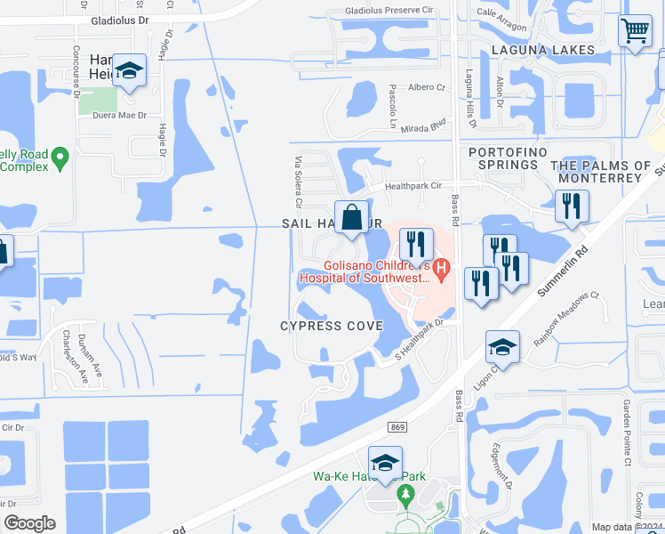 map of restaurants, bars, coffee shops, grocery stores, and more near 16174 Via Solera Circle in Fort Myers