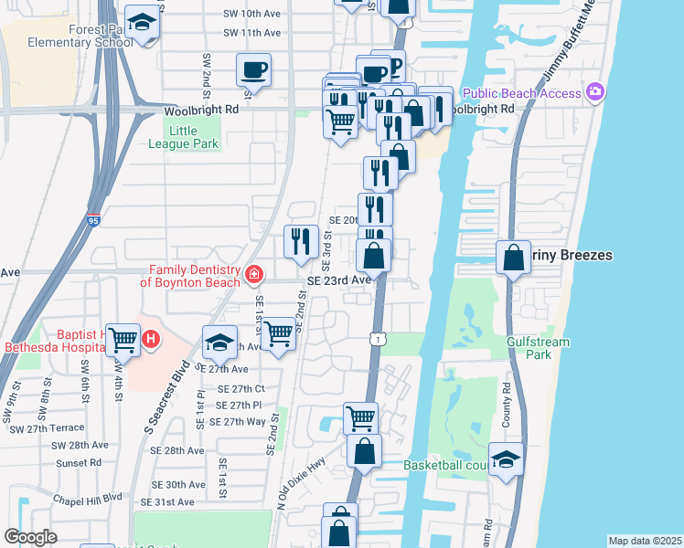 map of restaurants, bars, coffee shops, grocery stores, and more near 2308 Southeast 4th Street in Boynton Beach