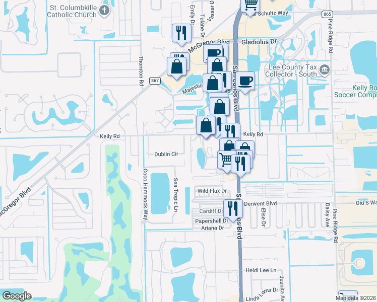 map of restaurants, bars, coffee shops, grocery stores, and more near 16335 Dublin Circle in Fort Myers