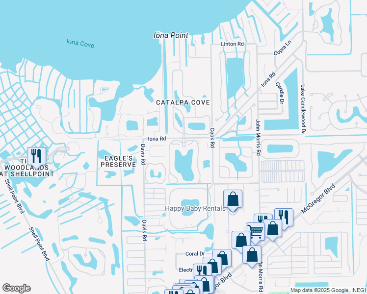 map of restaurants, bars, coffee shops, grocery stores, and more near Bayside Pointe in Fort Myers