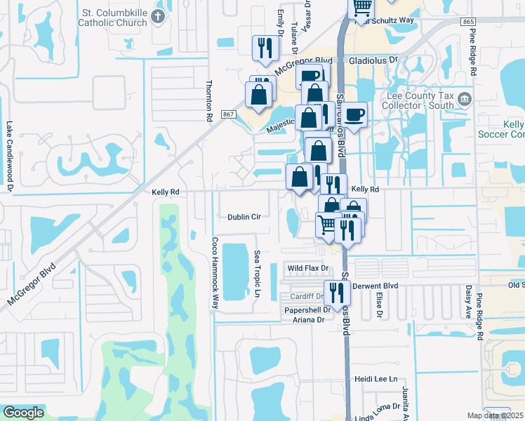 map of restaurants, bars, coffee shops, grocery stores, and more near 16335 Dublin Circle in Fort Myers