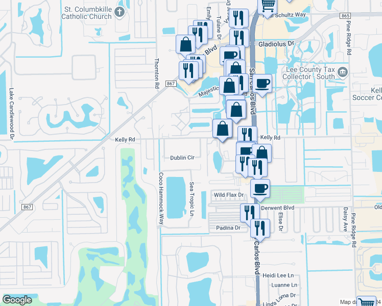 map of restaurants, bars, coffee shops, grocery stores, and more near 11901 Kelly Road in Fort Myers