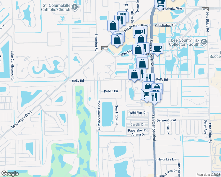 map of restaurants, bars, coffee shops, grocery stores, and more near 11901 Kelly Road in Fort Myers