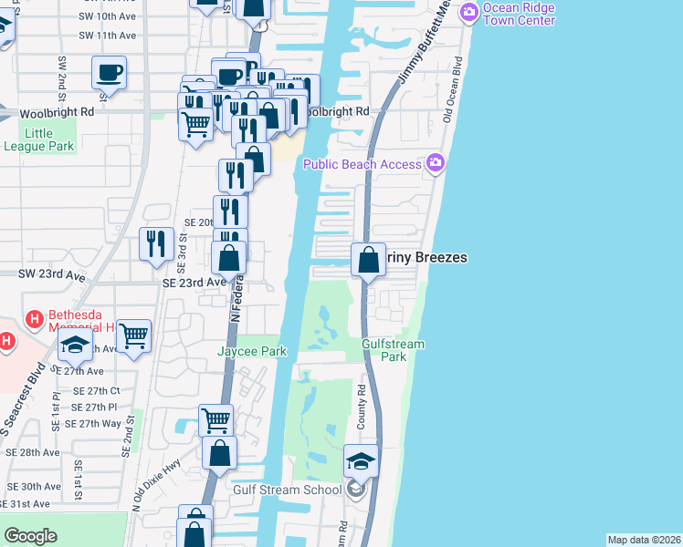 map of restaurants, bars, coffee shops, grocery stores, and more near 206 Bay Drive in Briny Breezes