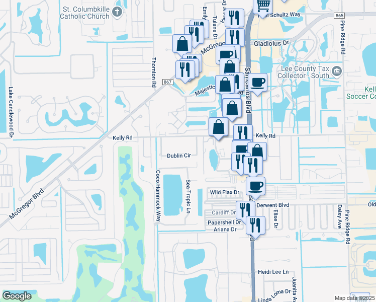 map of restaurants, bars, coffee shops, grocery stores, and more near 16251 Dublin Circle in Fort Myers