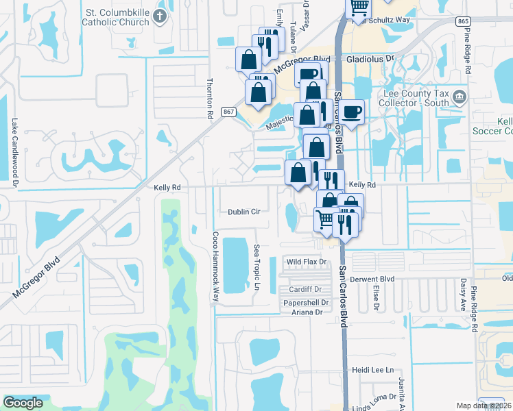 map of restaurants, bars, coffee shops, grocery stores, and more near 16251 Dublin Circle in Fort Myers