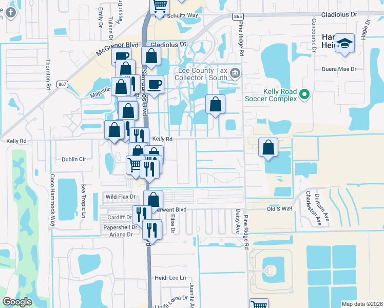 map of restaurants, bars, coffee shops, grocery stores, and more near 16070 Siesta Drive in Fort Myers