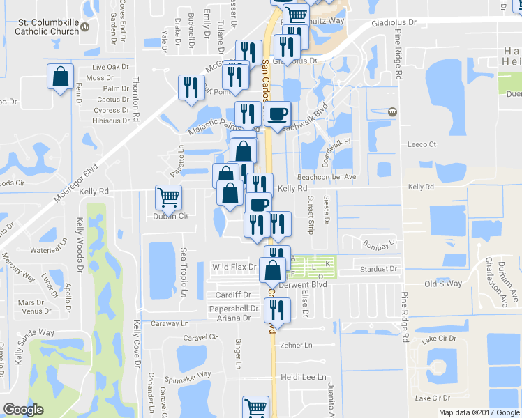 map of restaurants, bars, coffee shops, grocery stores, and more near 16078 San Carlos Boulevard in Fort Myers