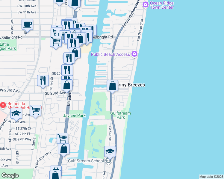 map of restaurants, bars, coffee shops, grocery stores, and more near 4 East Cedar Drive in Boynton Beach