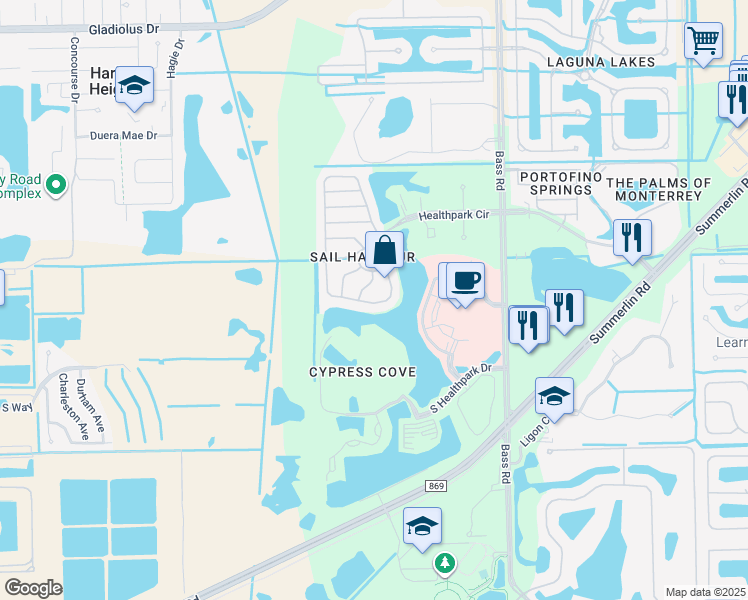 map of restaurants, bars, coffee shops, grocery stores, and more near 16191 Via Solera Circle in Fort Myers