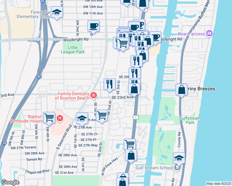 map of restaurants, bars, coffee shops, grocery stores, and more near 2309 Southeast 3rd Street in Boynton Beach