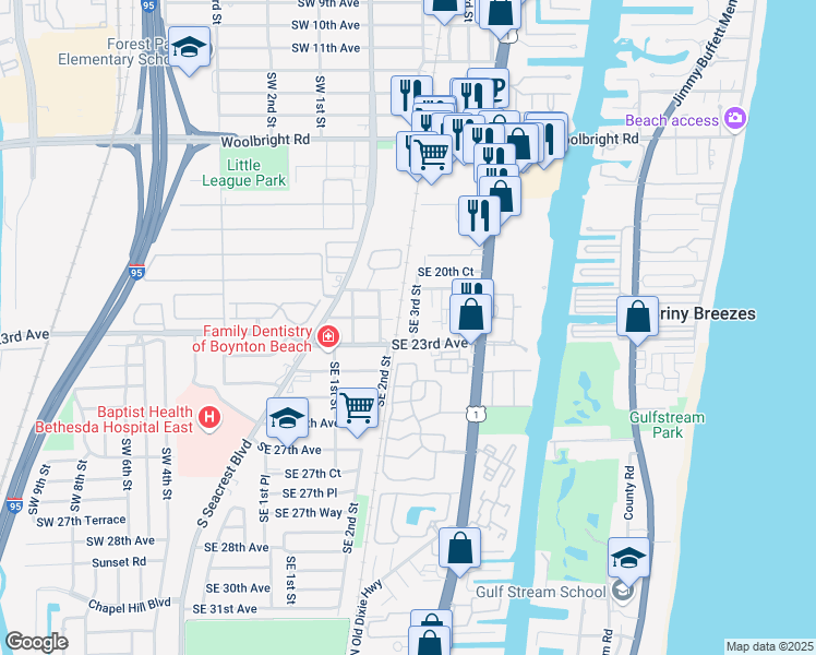 map of restaurants, bars, coffee shops, grocery stores, and more near 2309 Southeast 3rd Street in Boynton Beach