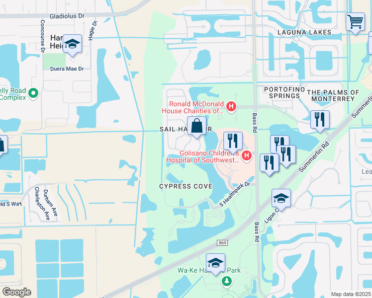 map of restaurants, bars, coffee shops, grocery stores, and more near 16165 Via Solera Circle in Fort Myers