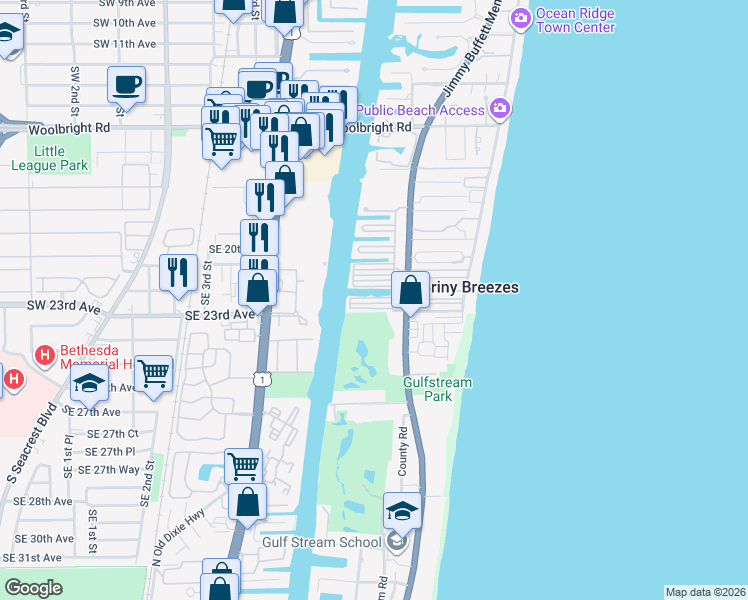 map of restaurants, bars, coffee shops, grocery stores, and more near 206 Bay Drive in Briny Breezes