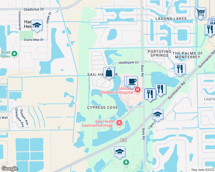 map of restaurants, bars, coffee shops, grocery stores, and more near 16191 Via Solera Circle in Fort Myers