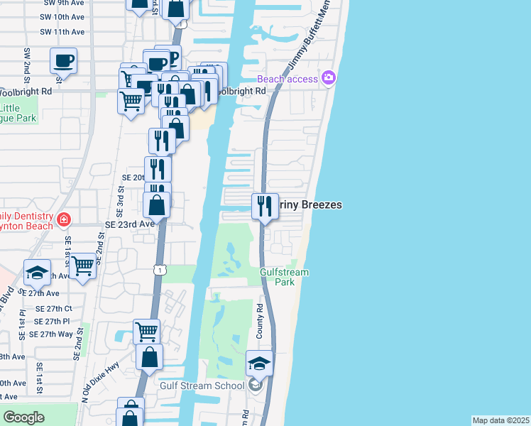 map of restaurants, bars, coffee shops, grocery stores, and more near 3 East Cedar Drive in Boynton Beach