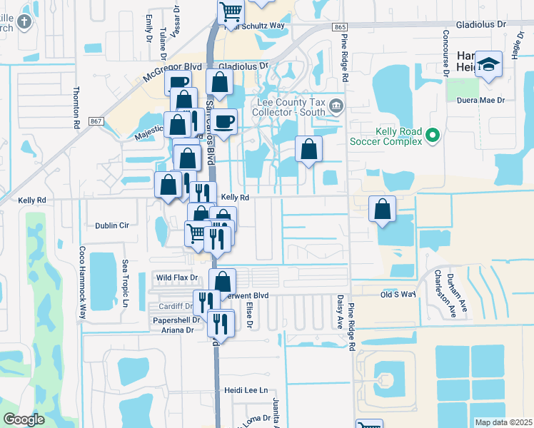 map of restaurants, bars, coffee shops, grocery stores, and more near 16070 Siesta Drive in Fort Myers