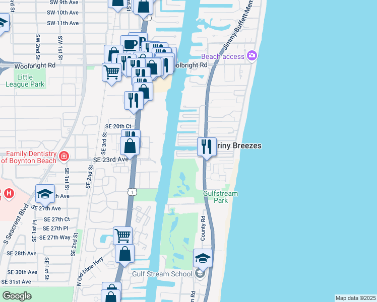 map of restaurants, bars, coffee shops, grocery stores, and more near Bay Drive in Briny Breezes