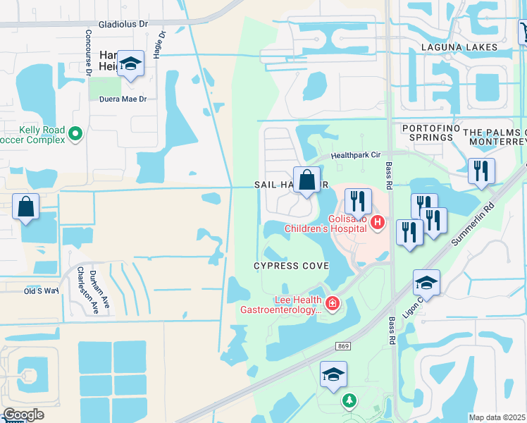 map of restaurants, bars, coffee shops, grocery stores, and more near 16142 Via Solera Circle in Fort Myers
