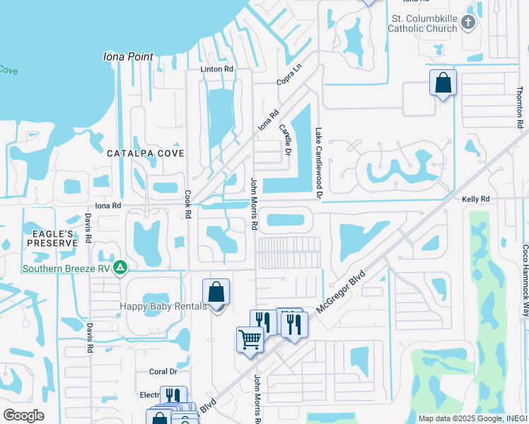 map of restaurants, bars, coffee shops, grocery stores, and more near 12601 Coconut Creek Court in Fort Myers