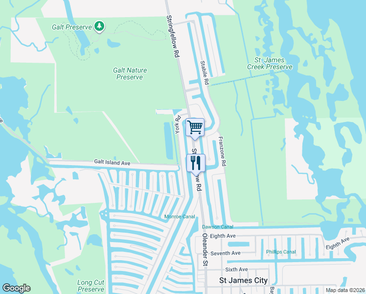 map of restaurants, bars, coffee shops, grocery stores, and more near 3302 York Road in Saint James City