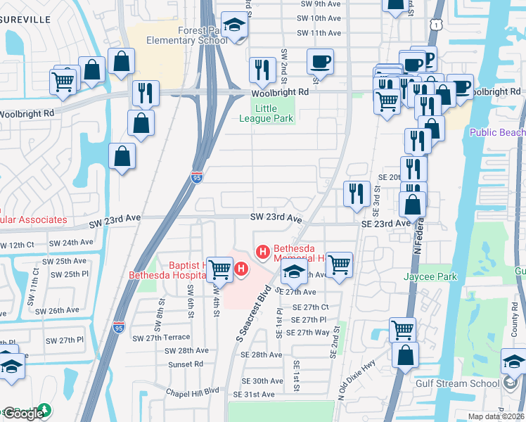 map of restaurants, bars, coffee shops, grocery stores, and more near 1A Ridge Pointe Boulevard in Boynton Beach