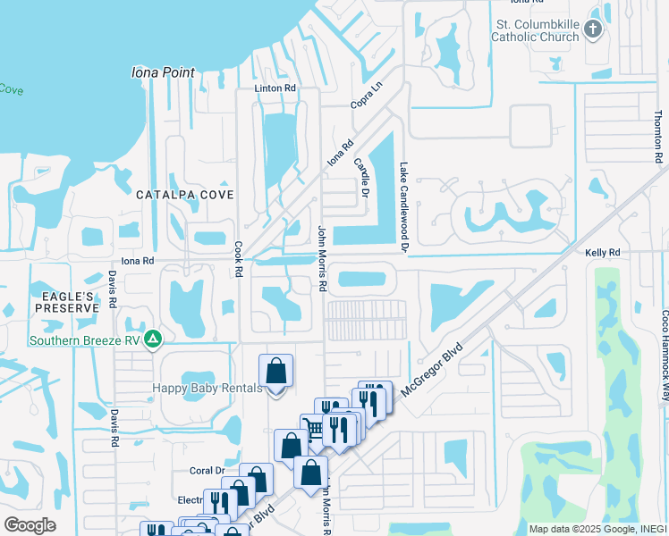 map of restaurants, bars, coffee shops, grocery stores, and more near 12601 Coconut Creek Court in Fort Myers