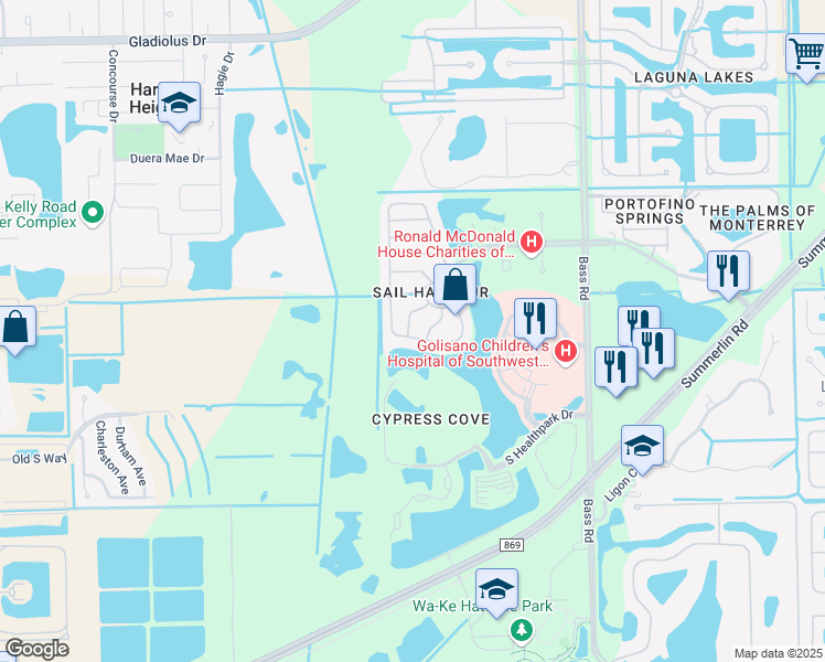 map of restaurants, bars, coffee shops, grocery stores, and more near 16165 Via Solera Circle in Fort Myers