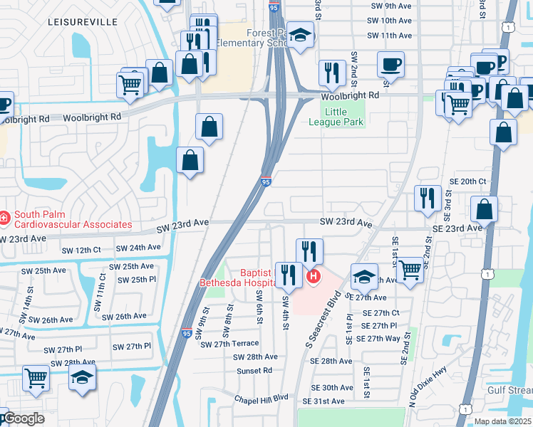 map of restaurants, bars, coffee shops, grocery stores, and more near 30 Bethesda Park Circle in Boynton Beach