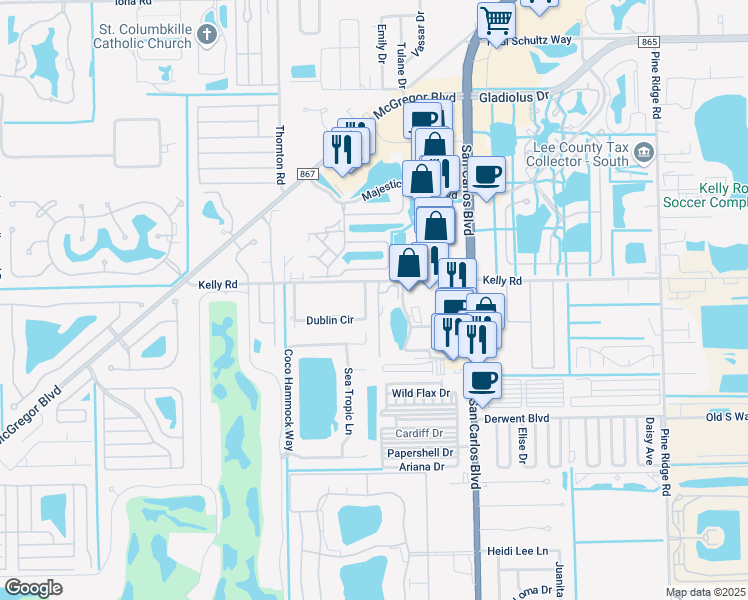 map of restaurants, bars, coffee shops, grocery stores, and more near 16335 Dublin Circle in Fort Myers