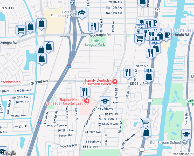 map of restaurants, bars, coffee shops, grocery stores, and more near 1A Ridge Pointe Boulevard in Boynton Beach