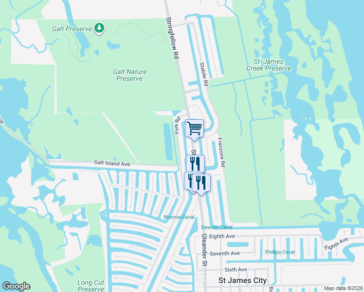 map of restaurants, bars, coffee shops, grocery stores, and more near 3302 York Road in Saint James City