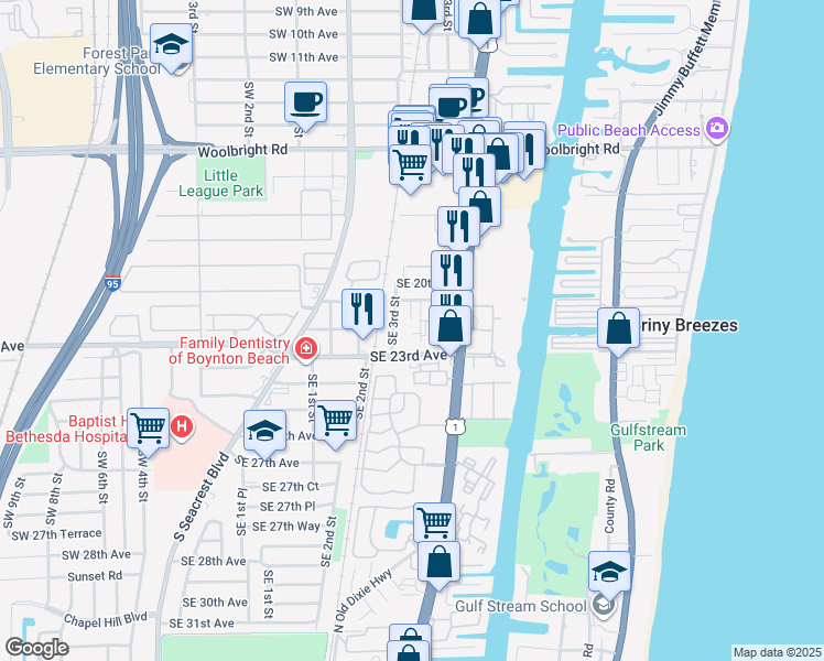 map of restaurants, bars, coffee shops, grocery stores, and more near 2308 Southeast 4th Street in Boynton Beach