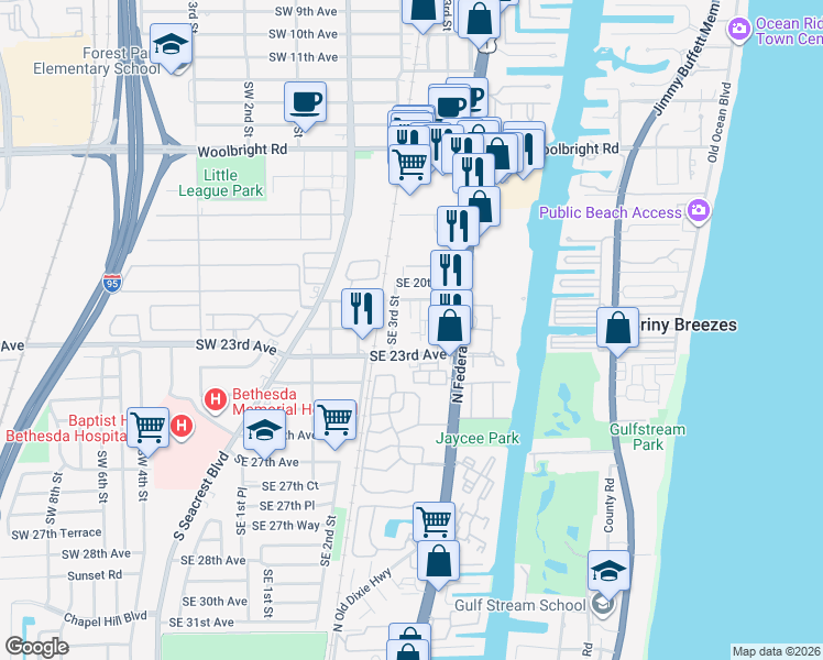 map of restaurants, bars, coffee shops, grocery stores, and more near 2308 Southeast 4th Street in Boynton Beach