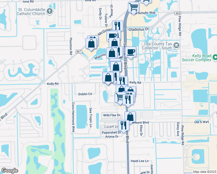 map of restaurants, bars, coffee shops, grocery stores, and more near 11637 Kelly Road in Fort Myers