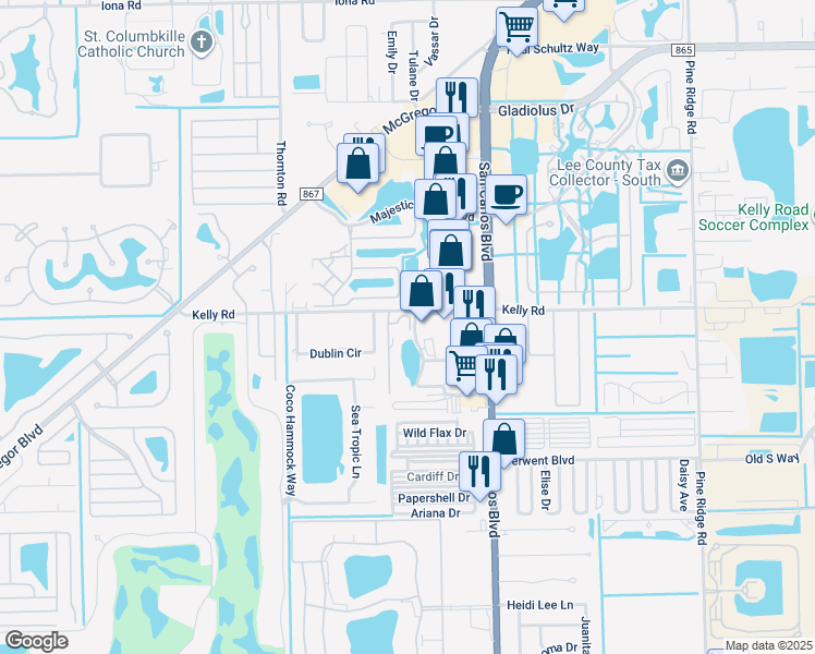 map of restaurants, bars, coffee shops, grocery stores, and more near 11637 Kelly Road in Fort Myers