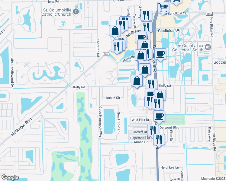 map of restaurants, bars, coffee shops, grocery stores, and more near 11901 Kelly Road in Fort Myers