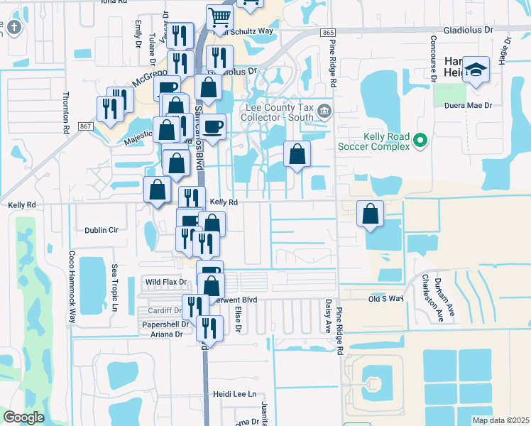 map of restaurants, bars, coffee shops, grocery stores, and more near 16070 Siesta Drive in Fort Myers