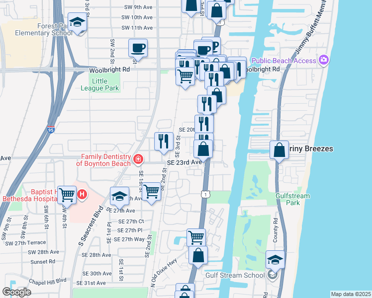 map of restaurants, bars, coffee shops, grocery stores, and more near 2308 Southeast 4th Street in Boynton Beach