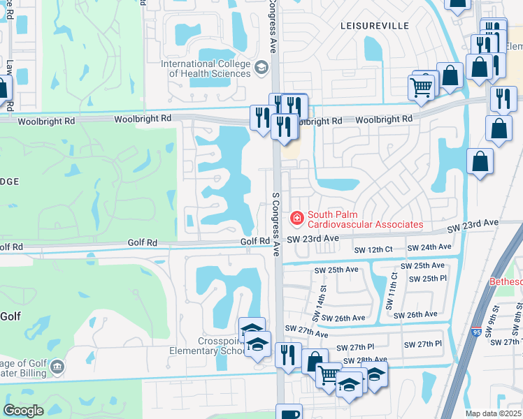 map of restaurants, bars, coffee shops, grocery stores, and more near 2301 South Congress Avenue in Boynton Beach
