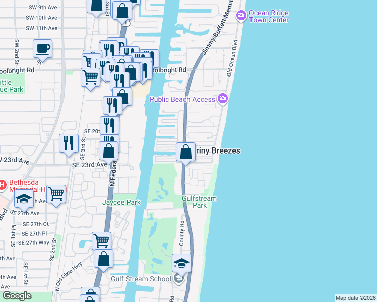 map of restaurants, bars, coffee shops, grocery stores, and more near 21 Hibiscus Drive in Boynton Beach