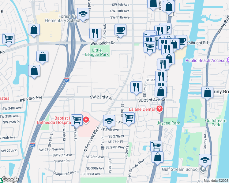 map of restaurants, bars, coffee shops, grocery stores, and more near 22 Ridge Pointe Drive in Boynton Beach
