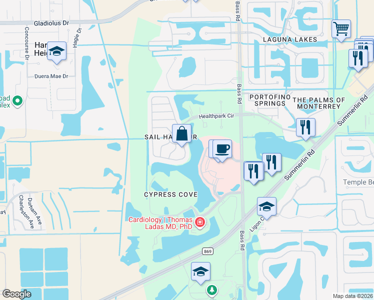 map of restaurants, bars, coffee shops, grocery stores, and more near 16214 Via Solera Circle in Fort Myers