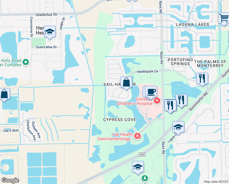 map of restaurants, bars, coffee shops, grocery stores, and more near 16165 Via Solera Circle in Fort Myers