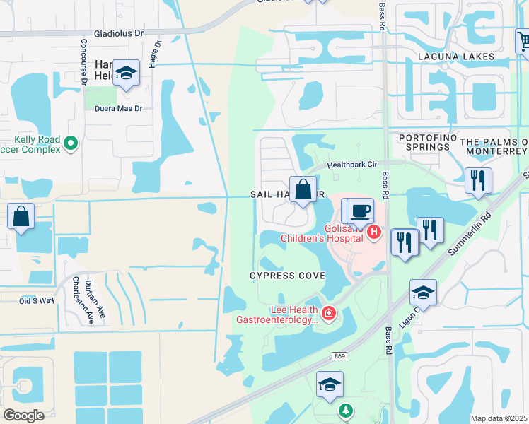map of restaurants, bars, coffee shops, grocery stores, and more near 16165 Via Solera Circle in Fort Myers