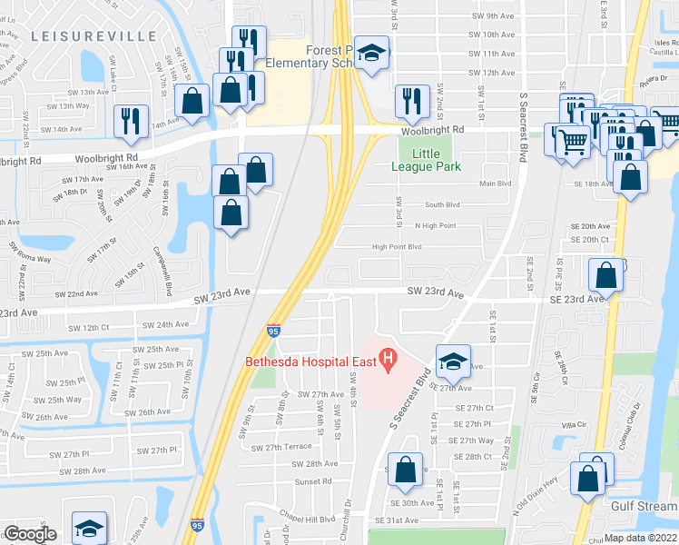 map of restaurants, bars, coffee shops, grocery stores, and more near 30 Bethesda Park Circle in Boynton Beach