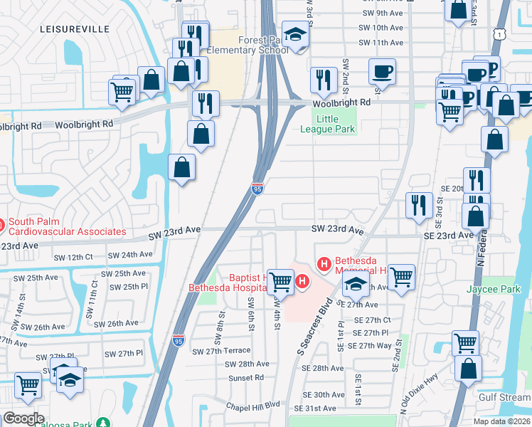 map of restaurants, bars, coffee shops, grocery stores, and more near 41 Bethesda Park Circle in Boynton Beach