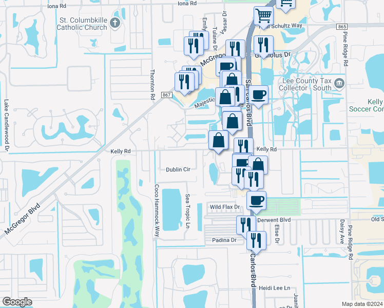 map of restaurants, bars, coffee shops, grocery stores, and more near 16335 Dublin Circle in Fort Myers
