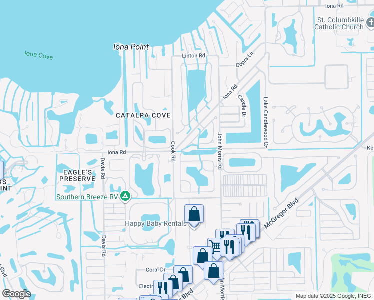 map of restaurants, bars, coffee shops, grocery stores, and more near 15897 Cutters Court in Fort Myers